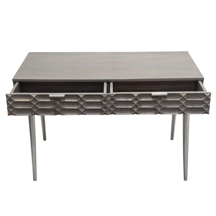 Petra Solid Mango Wood 2-Drawer Writing Desk in Smoke Grey Finish w/ Nickel Legs by Diamond Sofa