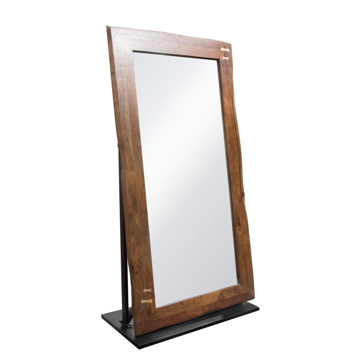 Vista Solid Acacia Wood Mirror w/ Live Edge in Walnut Finish w/ Gold Inlay & Black Self-Supporting Stand by Diamond Sofa