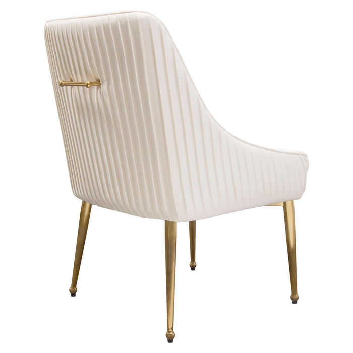 Set of (2) Quinn Dining Chairs w/ Vertical Outside Pleat Detail and Contoured Arm in Cream Velvet w/ Brushed Gold Metal Leg by Diamond Sofa