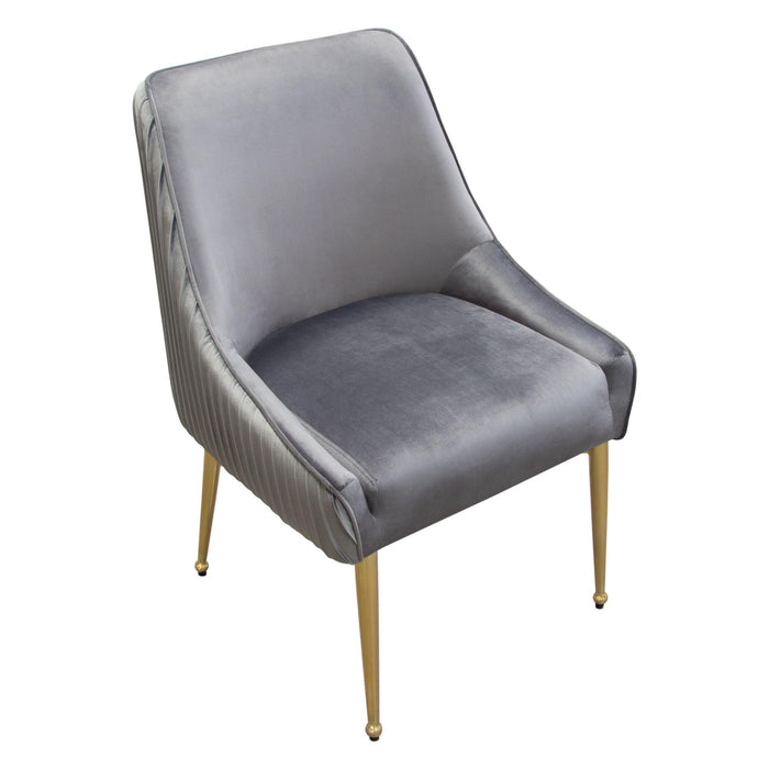 Set of (2) Quinn Dining Chairs w/ Vertical Outside Pleat Detail and Contoured Arm in Grey Velvet w/ Brushed Gold Metal Leg by Diamond Sofa