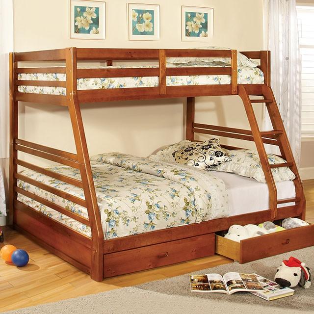 California II Cherry Twin/Full Bunk Bed w/ 2 Drawers Cherry, Walnut, Grey, &Oak