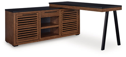 Ashley Furniture Kallari credenza desk with return, featuring a sleek wooden finish and modern storage design.