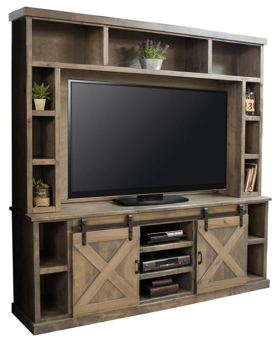 Legends Furniture Farmhouse 85" TV Console with Hutch in Barnwood