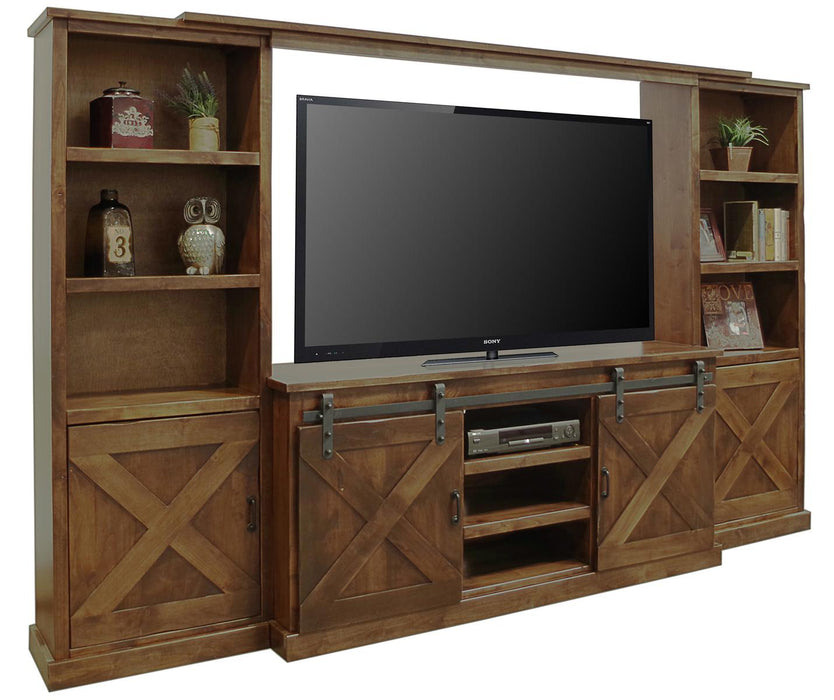 Legends Furniture Farmhouse 4pc Entertainment Center in Aged Whiskey