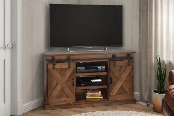 Legends Furniture Farmhouse 66" Corner TV Console in Aged Whiskey