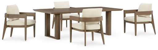 Outdoor dining set by Ashley Furniture with a glass-top table and six cushioned chairs in a garden setting.