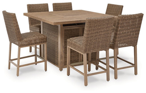 Ashley Furniture Walton Bridge outdoor dining set with a table and chairs, suitable for garden or patio outdoor dining.