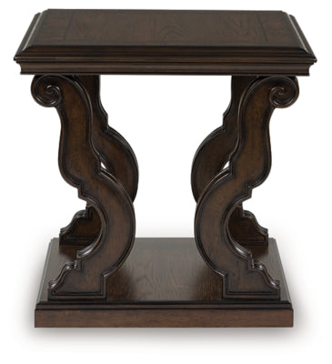 Ashley Furniture Maylee End Table with a sleek wooden surface and modern design, featuring a single drawer and open shelf.