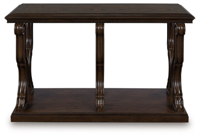 Ashley Furniture Maylee Sofa Table with sleek wood finish, featuring a rectangular top and sturdy legs, shown from a front head-on view.