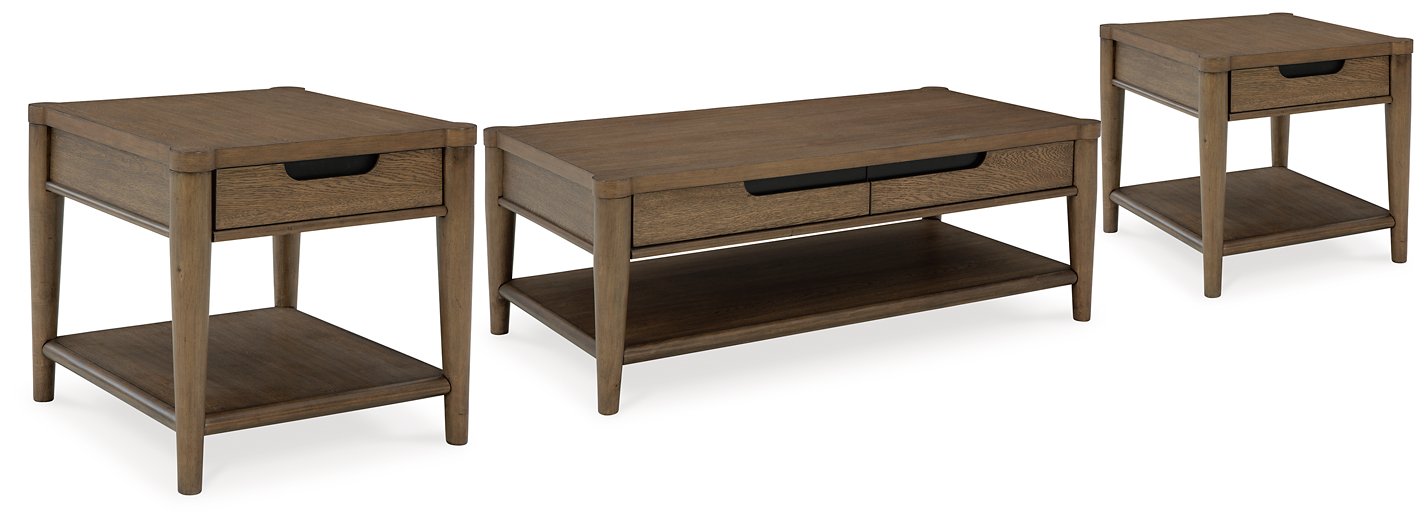 Ashley Furniture Roanhowe occasional table set with three wooden tables featuring sleek, modern designs and mixed wood finishes.