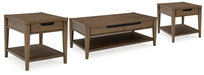 Ashley Furniture Roanhowe occasional table set with three wooden tables featuring sleek, modern designs and mixed wood finishes.
