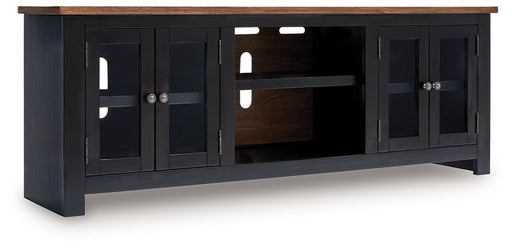 Wildenauer 76-inch TV stand by Ashley Furniture featuring a modern design with open shelves and storage cabinets.