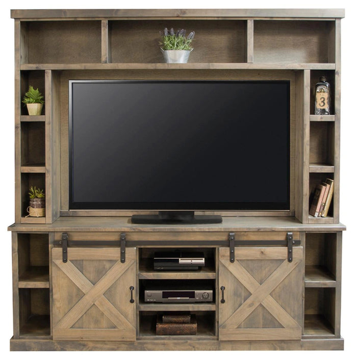 Legends Furniture Farmhouse 85" TV Console with Hutch in Barnwood