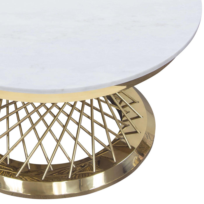 Solstice 35" Round Cocktail Table with Genuine Marble Top and Polished Gold Spiral Spoked Base by Diamond Sofa