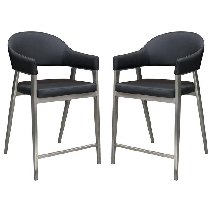 Adele Set of Two Counter Height Chairs in Black Leatherette w/ Brushed Stainless Steel Leg